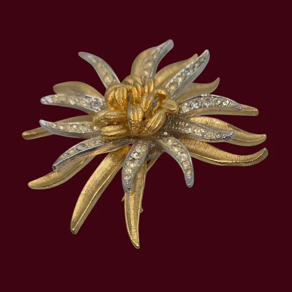 MCM Vintage Coro Chrysanthemum Starburst Floral Brooch Gold Silver Rhinestones - Picture 3 of 9